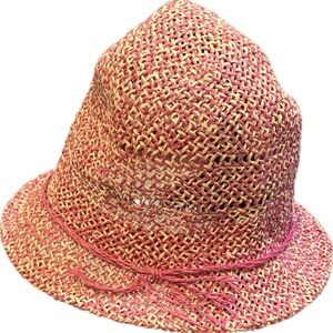 Woven Straw Bucket Hat, Pink and White Weave, Size S